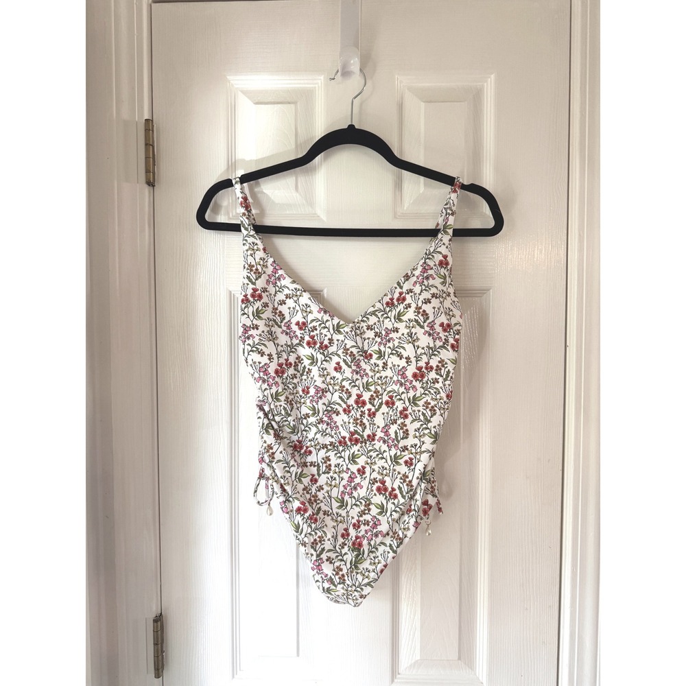AQUA Swim Floral One Piece Swimsuit White Red Pink V-Neck Pearl Accents Medium